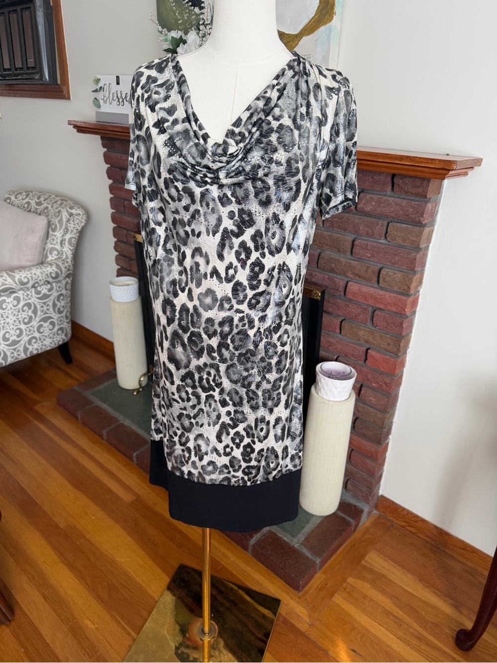 Vintage Black and White Leopard Print Cowl Neck Dress